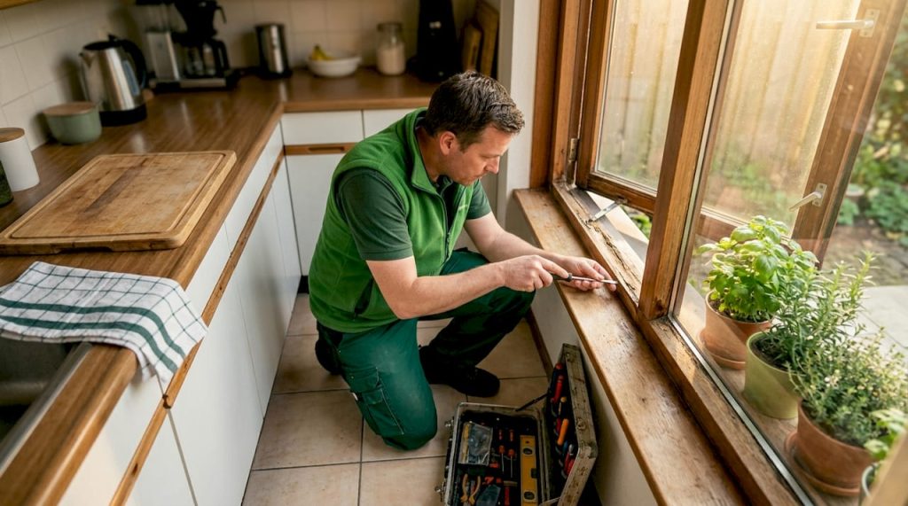 Een man bekijkt het houten kozijn nauwkeurig om te zien of er sprake is van houtrot.