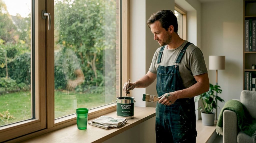 Een man is bezig het houten kozijn in de woonkamer te schilderen.