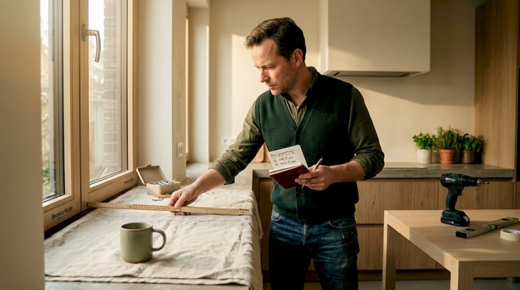 Man neemt de maten van het kozijn op voor het plaatsen van een rolluik