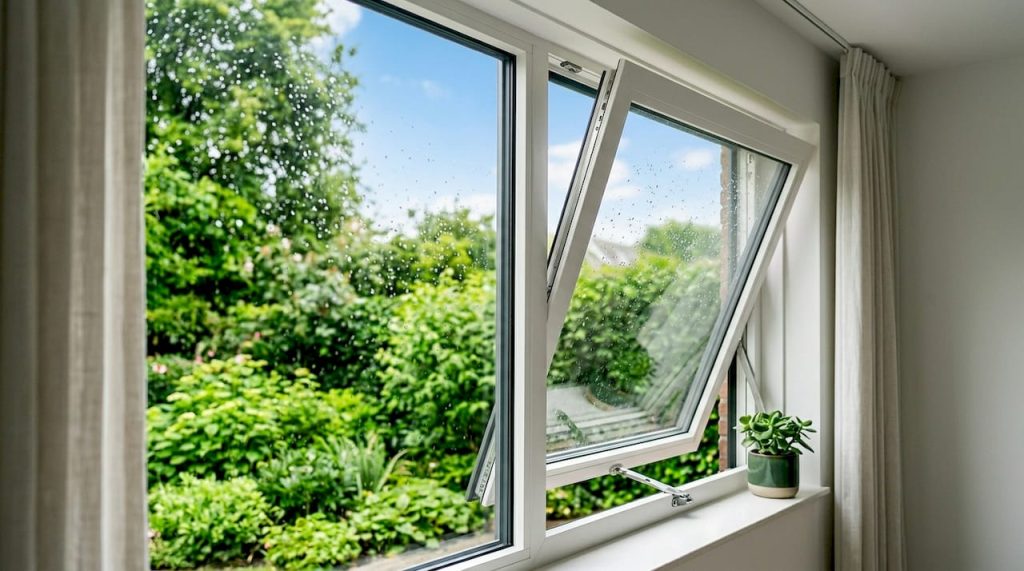Een open uitzetraampje in een strakke, moderne gevel