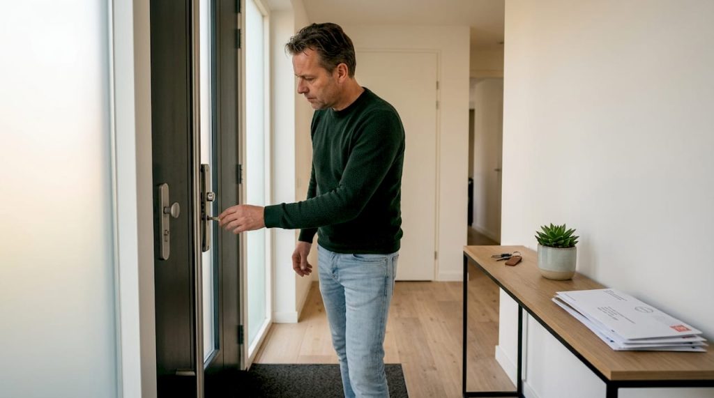 Iemand controleert het veiligheidsslot van de voordeur.