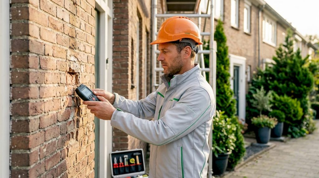 Een ervaren renovatie-expert bekijkt zorgvuldig de gevel van het huis om eventuele gebreken in kaart te brengen.