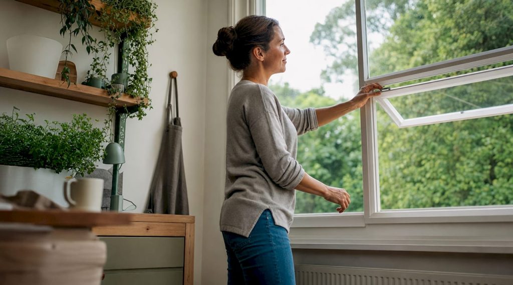 Een vrouw zet het ventilatierooster in het raam van de woonkamer open.