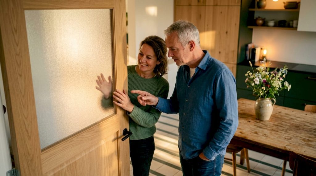 Een stel bekijkt samen het melkglazen raam in hun woning.