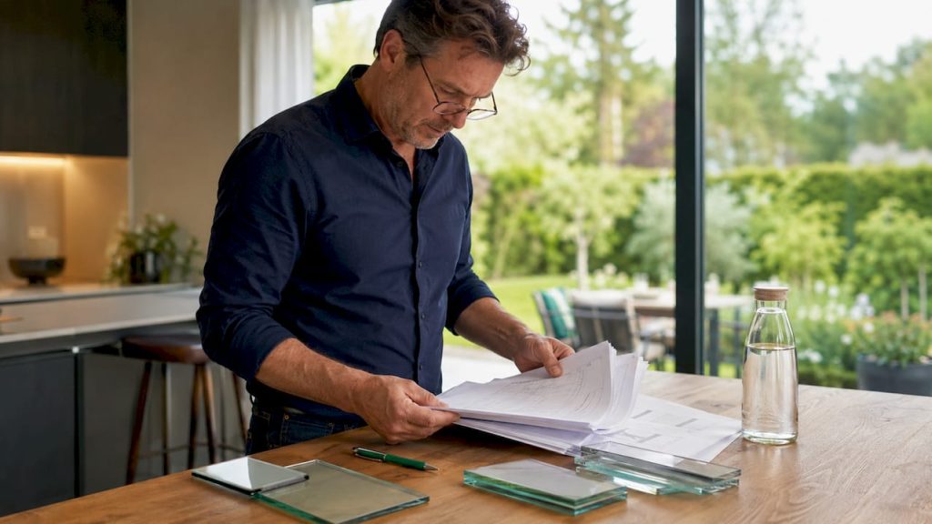 Man bekijkt thuis documenten over veiligheidsglas