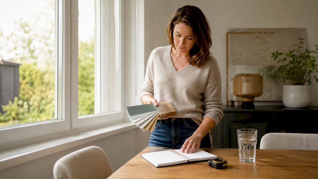 Een vrouw besluit te investeren in duurzame kozijnen voor haar woonkamer.