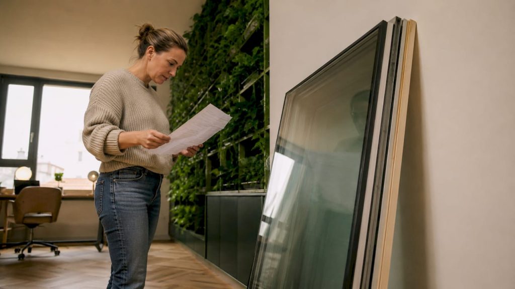 Een woningeigenaar bekijkt aandachtig het raam met gelamineerd glas.
