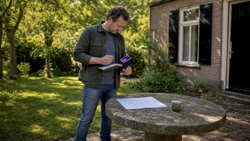Met een warmtecamera onderzoekt een man hoe comfortabel de temperatuur in de ruimte is.