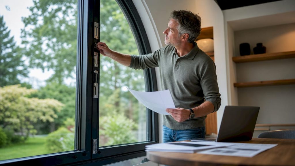 Een man bekijkt het beveiligde raam in zijn huis om te controleren of alles nog goed werkt.