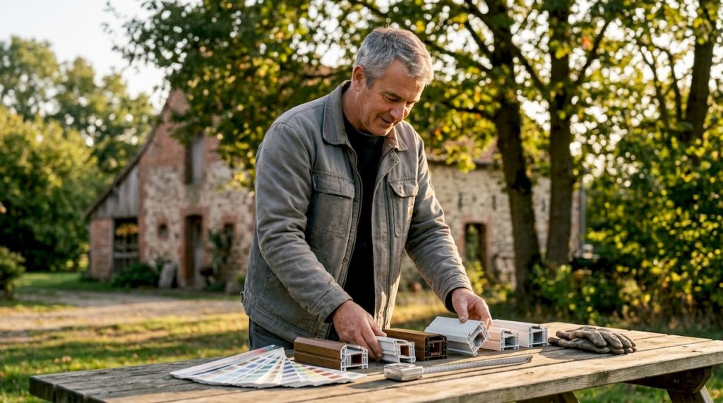 Een specialist bekijkt buiten kleurstalen voor kozijnen om de juiste tint te bepalen.