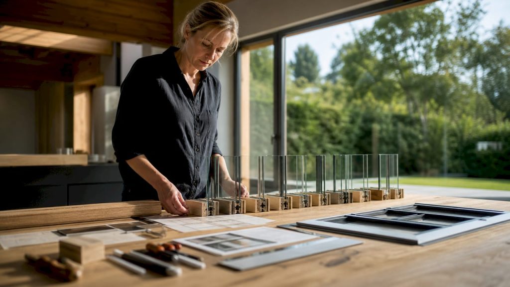 Vakkundige inspecteert glaslatten in de werkplaats