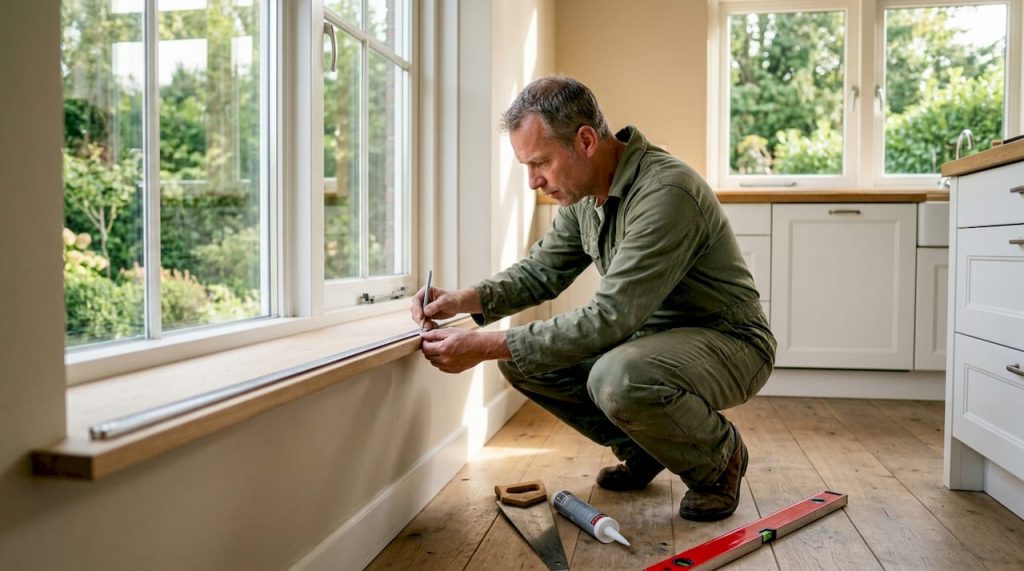 Een man is de vensterbank in de woonkamer bij het raam aan het opmeten.