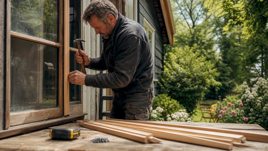 Een ervaren timmerman bevestigt de glaslatten stevig in het houten kozijn.