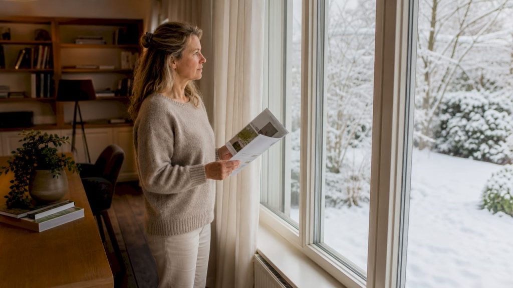 Een vrouw controleert of haar ramen goed geïsoleerd zijn in huis.