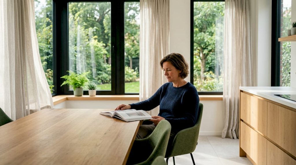 Een vrouw geniet van de zonnestralen die haar woonkamer vullen.