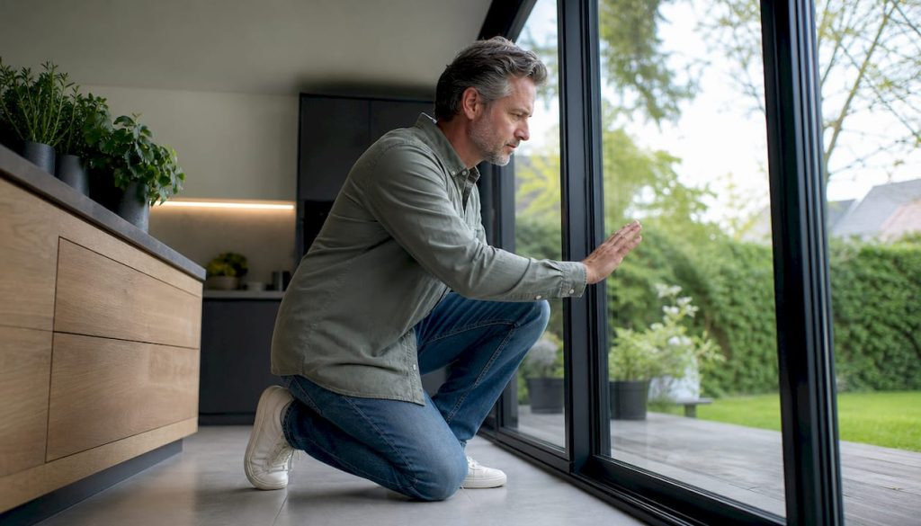 Een man bekijkt aandachtig een ruit van gelaagd glas.