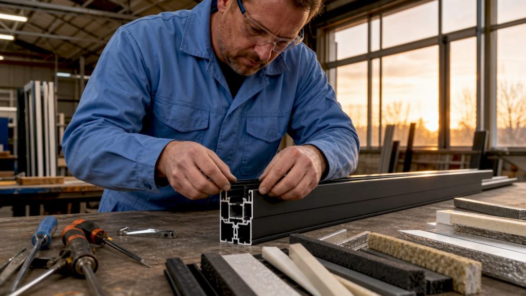 Een vakman brengt een isolatiestrip aan in het aluminium kozijn.